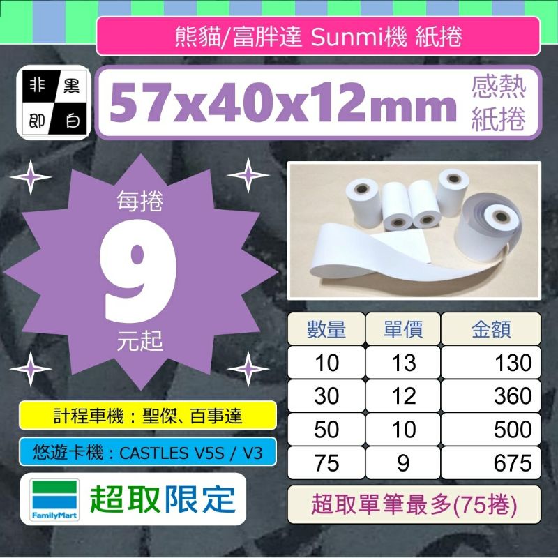 🐼《非黑即白》57x40x12mm感熱紙捲【75捲/50捲/10捲】。#適用：foodpanda Sunmi機#感熱紙卷
