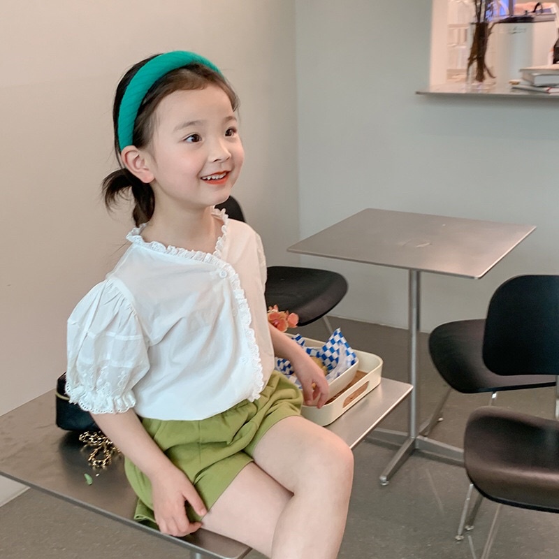 莉莉安童裝 現貨+預購 韓版泡泡袖短袖公主袖上衣 夏女童小童蕾絲花邊襯衫