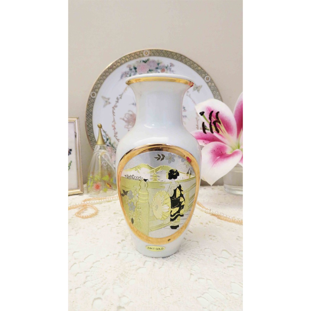 紫丁香歐陸古物雜貨♥ 日本製 vintage CHOKIN ART 24k金日本風情畫花瓶