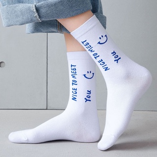 女士白色運動襪 學院風笑臉英文中筒襪 個性舒適棉襪