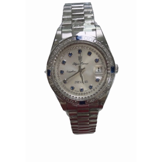 OP奧柏錶 女 白金鋼帶鑲藍白鑽 石英腕錶 (6832DL29S)
