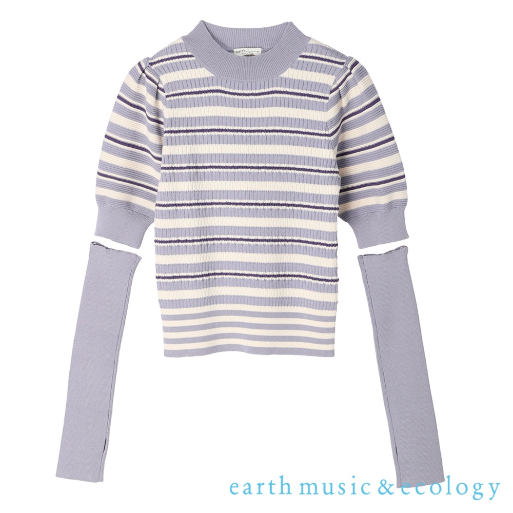 earth music&amp;ecology 橫條紋/素面泡泡袖合身套頭針織衫-附袖套(1M23L2C0300)