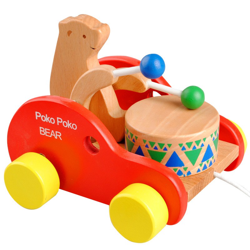 小熊拖拉敲鼓車 / 幼童學步拖拉車 敲鼓車 玩具 / 學步玩具 木質木製玩具 拉線小拖車 / 國王皇后婦幼商城玩具