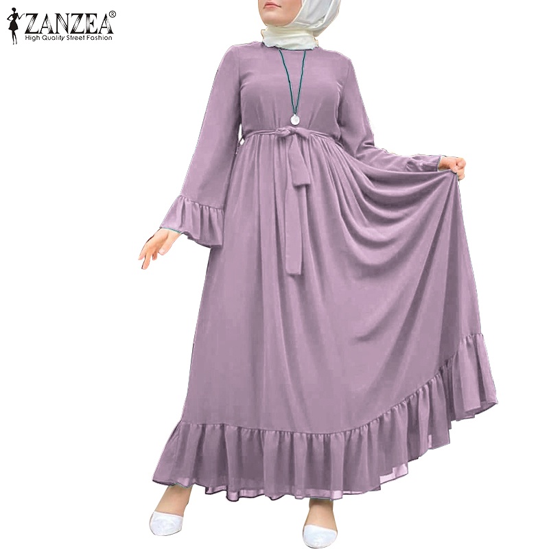 ZANZEA女版休閒復古穆斯林喇叭袖大尺碼長洋裝
