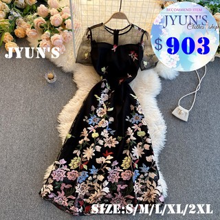JYUN'S 春夏新款重工刺繡法式優雅氣質圓領復古網紗繡花仙女裙子短袖洋裝連身裙大尺碼2色S~2XL預購