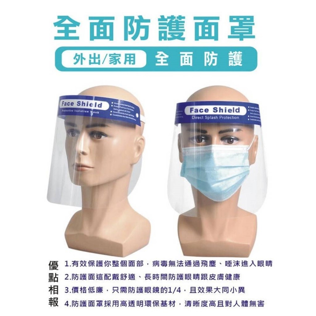 簡易式透明防護面罩 工作 防塵 防霧面罩 防噴濺 防飛沫 隔離 防疫面罩 全臉防護
