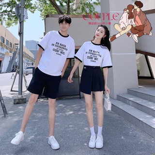 【COUPLE】情侶裝短袖T恤2022💕💕新女夏學院風字母寬鬆大碼T恤不規則半身裙套裝