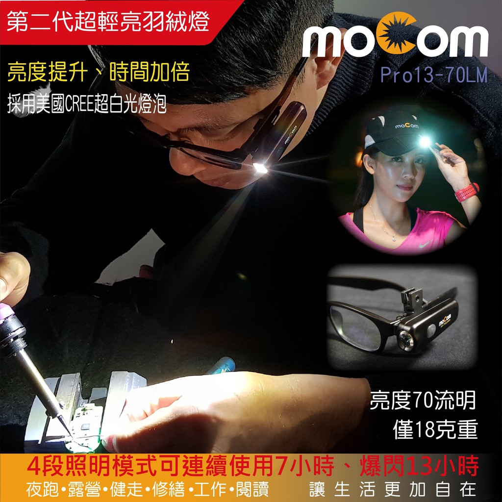 moCom 多功能第二代羽絨燈18g可結合眼鏡燈跑步燈帽簷燈附夾片多功能可夾可掛可旋轉超輕量超爆閃亮70Lm慢跑燈夜跑