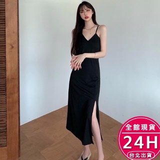 【梨卡】隔日到貨 女裝 洋裝 連身裙 長裙 長洋裝 開衩洋裝 黑色洋裝 性感洋裝 細肩帶洋裝 BR1547【現貨24H】