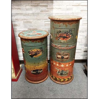 工業風LOFT 美式鄉村復古二抽三抽圓桶造型古董車床頭櫃 藍色仿古收納櫃小茶几花架邊桌PUB財位桌陳列展示櫃【歐舍傢居】