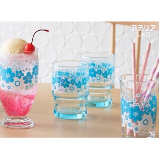 (現貨)日本製 日本 ADERIA 復古 淺藍色 花圈 花環 花の輪 玻璃水杯 禮盒組 玻璃杯 水杯 果汁杯 台付玻璃杯