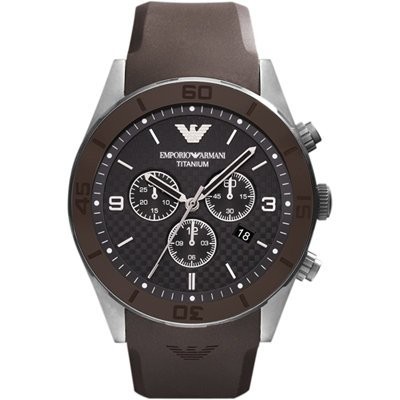 【金台鐘錶】ARMANI手錶 亞曼尼表 咖啡膠帶 格紋錶盤 日期 三眼計時 AR9501