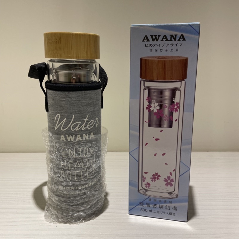 （全新）AWANA 竹蓋不銹鋼雙層玻璃杯450ml附杯套 環保杯 隨行杯 泡茶杯