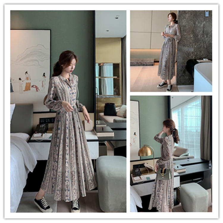 現貨韓版洋裝s Xl法式氣質碎花雪紡連身裙收腰顯瘦長裙立領復古洋裝 A字百褶裙系帶長袖連身長裙秋裝女生韓妞