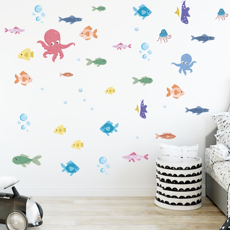 五象設計 卡通水下世界快樂魚卡通壁紙兒童房水族館浴室牆壁自粘