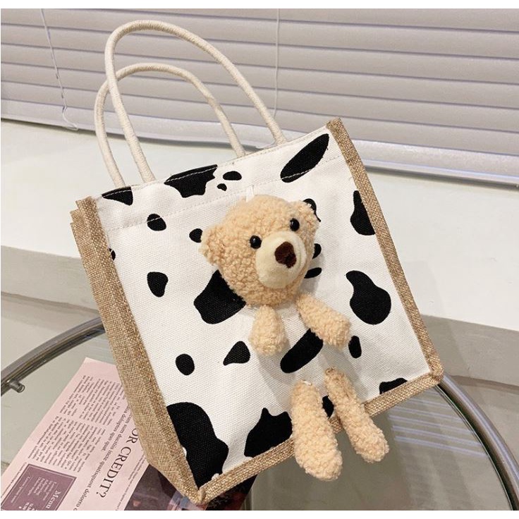 🌲品味生活🌲乳牛紋熊熊帆布包 個性塗鴉手提帆布包 時尚手提包 餐盒 手提袋 背包