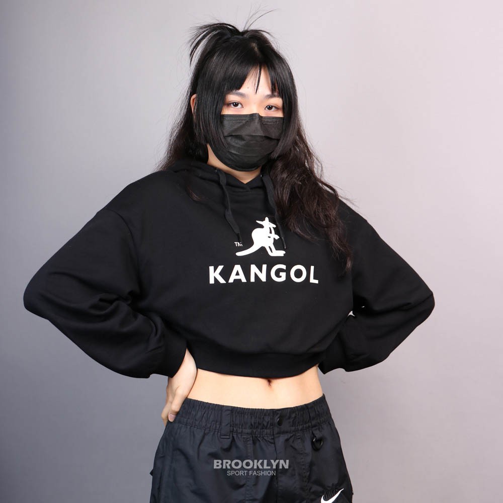 KANGOL 帽T 黑色 大LOGO 短版 長袖 休閒 女 (布魯克林) 6052105120