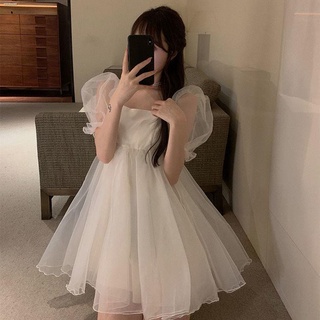 氣質網紗白色洋裝甜美仙女裙法式方領泡泡袖禮服連衣裙女洋裝禮服伴娘服白色雪紡裙氣質淑女洋裝