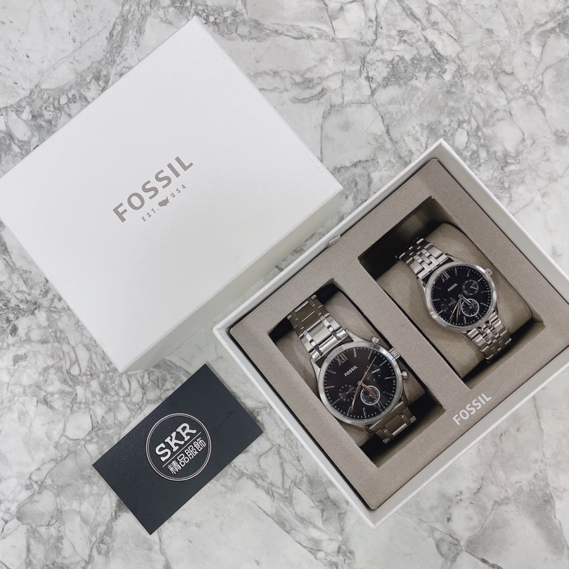 ［SKR精品服飾］Fossil 銀色不銹鋼錶帶黑錶盤 情侶錶 對錶 手錶禮盒