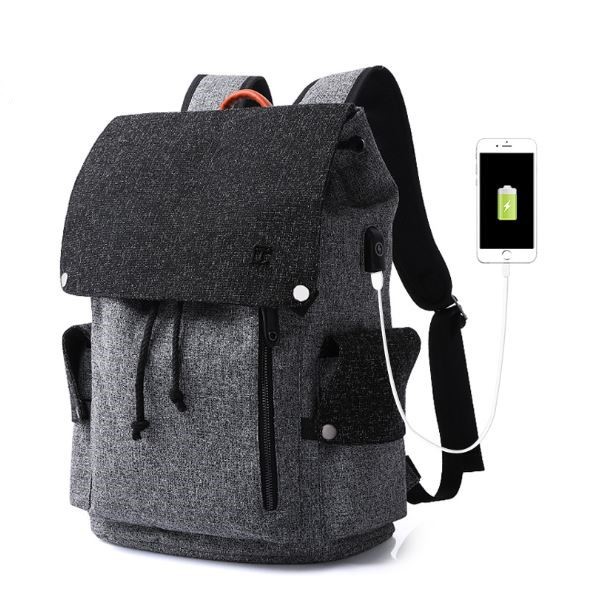 《LEO小舖》棉麻後背包  外側附上USB插口 外出時尚新選擇 都市小資男女必備