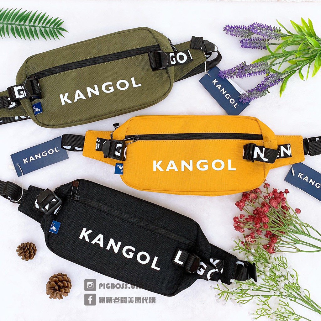 【豬豬老闆】KANGOL Logo 三色 黑色 芥末黃 軍綠 滿版背帶 休閒 腰包 側背包 小包包 60253012