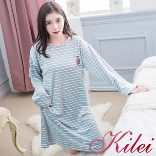 【Kilei】女生睡衣 保暖家居服 睡衣裙 落肩款圓領熊熊貼布條紋海島絨長袖連身睡衣裙XA4300(共二色)全尺碼