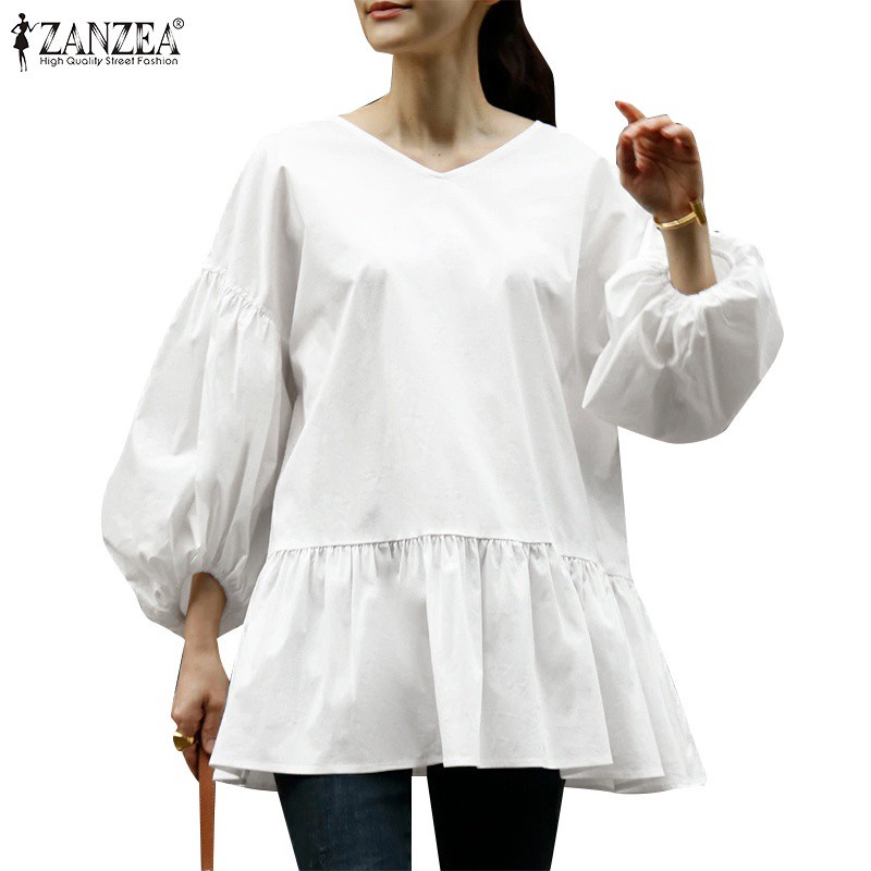 ZANZEA 女式日常休閒 O 領純棉純色寬鬆拼接上衣