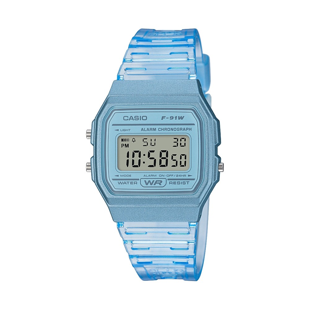 CASIO 復古造型半透明果凍材質系列數位錶/學生錶-水藍色F-91WS-2
