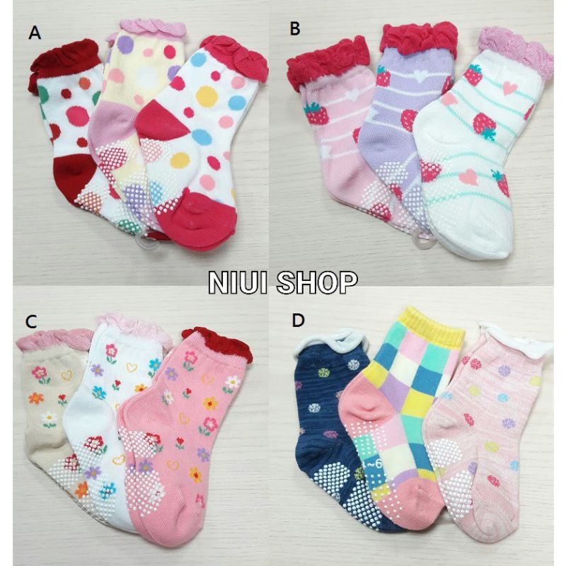 【NIUI SHOP】 (一組3雙)1-2歲防滑點膠襪 鬆口襪 童襪 女童 短襪 寶寶襪 兒童棉襪 保暖 童襪