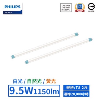 【飛利浦PHILIPS】LED T8/2尺/9.5W/雙端入電玻璃燈管 (黃光/自然光/白光)【實體門市保固二年】