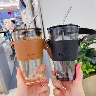 750ml玻璃吸管杯 超大容量玻璃杯ins 高顏值 吸管水杯帶蓋咖啡杯子玻璃咖啡杯 玻璃隨行杯 玻璃水杯 吸管杯子 透明