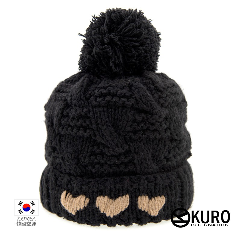 KURO-SHOP韓國進口 黑色麻花愛心球球針織帽