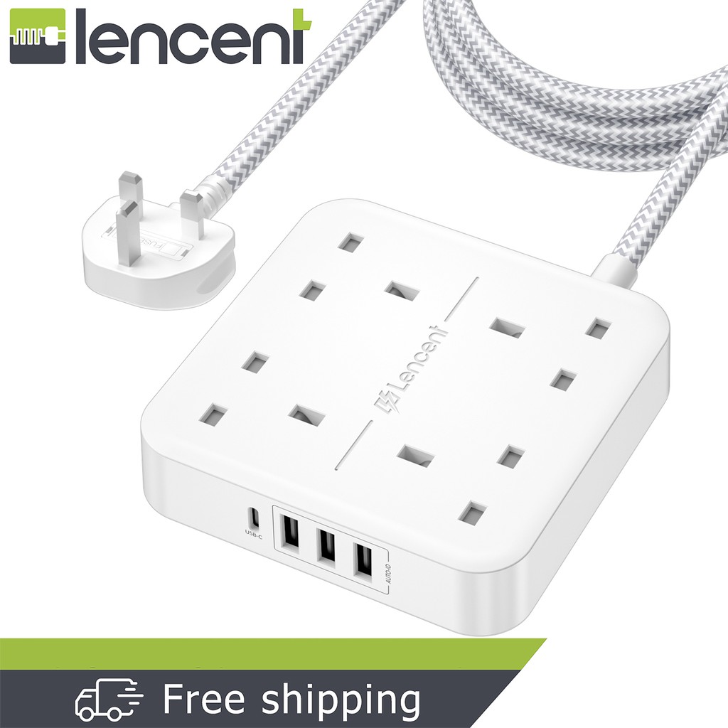 Lencent Type-C 8 合 1 延長線 4 路插座電源板 4 個 USB 端口(3.4A、1 個 C 型和 3