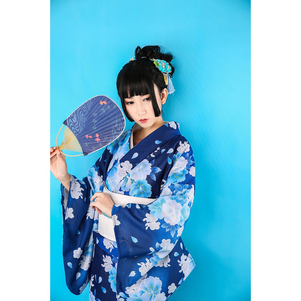 日本和服藍色櫻花和服浴衣女傳統正規裝改良版和服套 蝦皮購物