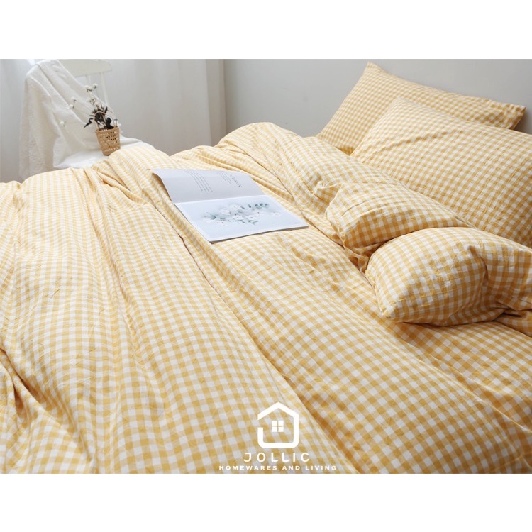 Jollic♡ 黃色床包 經典小格子床包 100%純棉水洗棉 無印良品同材質 格子 雙人床包四件組 加大被套床包枕頭套