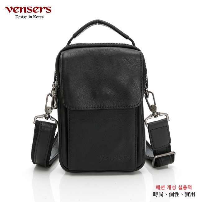 【vensers】小牛皮潮流個性包~斜肩背包(N303001黑色)