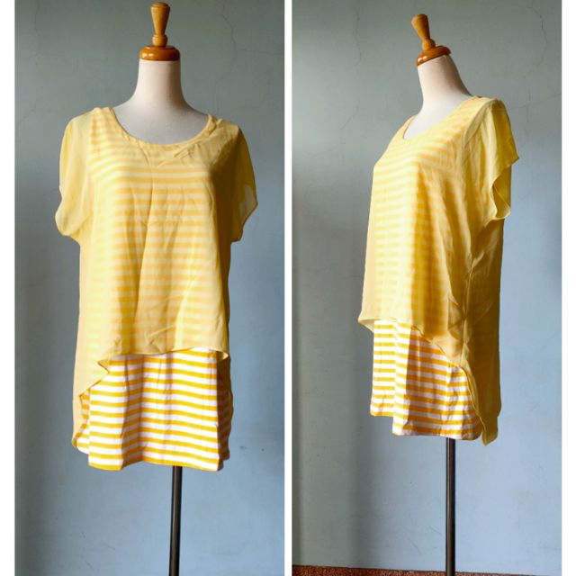 MATSUMI 瑪之蜜 黃色條紋假兩件式長版上衣 雪紡拼接棉T 短袖