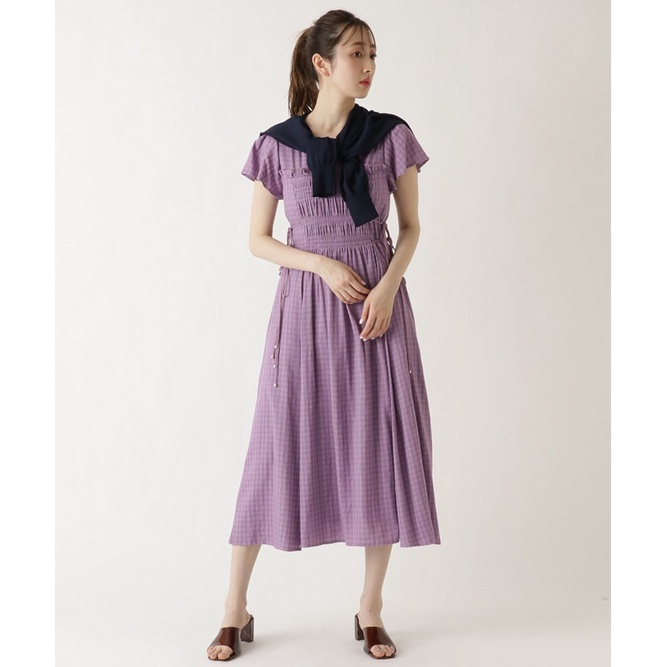 日本 日牌 日貨 REDYAZEL洋裝 休閒格紋感側綁帶洋裝 格紋洋裝 紫色洋裝 小外套兩件套