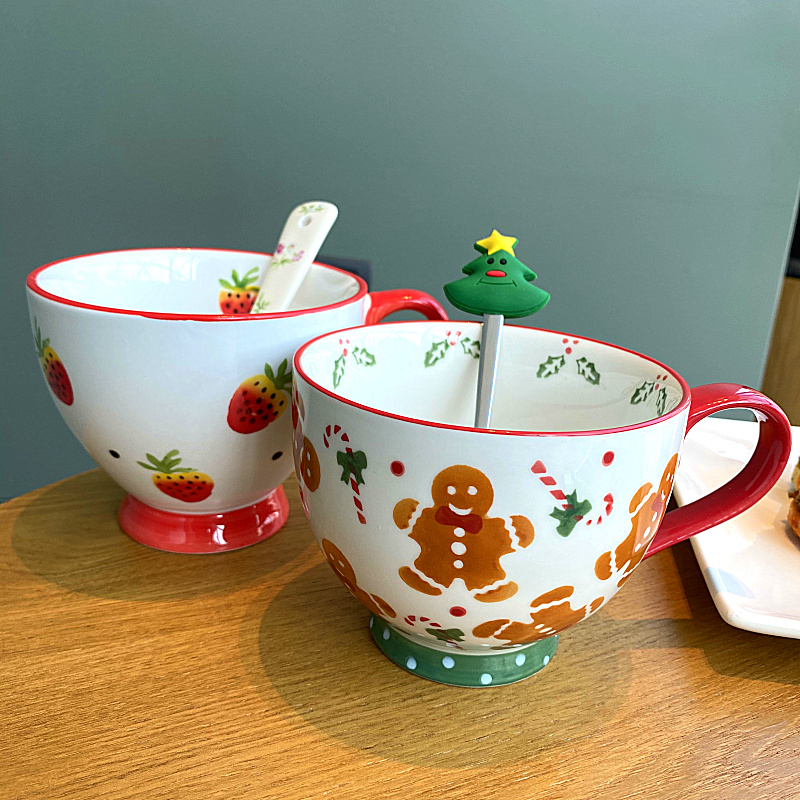【熱銷】韓式卡通早餐杯聖誕薑餅人麥片碗北歐INS帶手柄大容量家用陶瓷杯