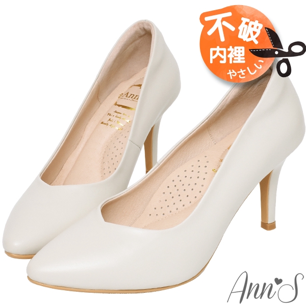Ann’S舒適療癒系-V型美腿綿羊皮尖頭跟鞋-米白