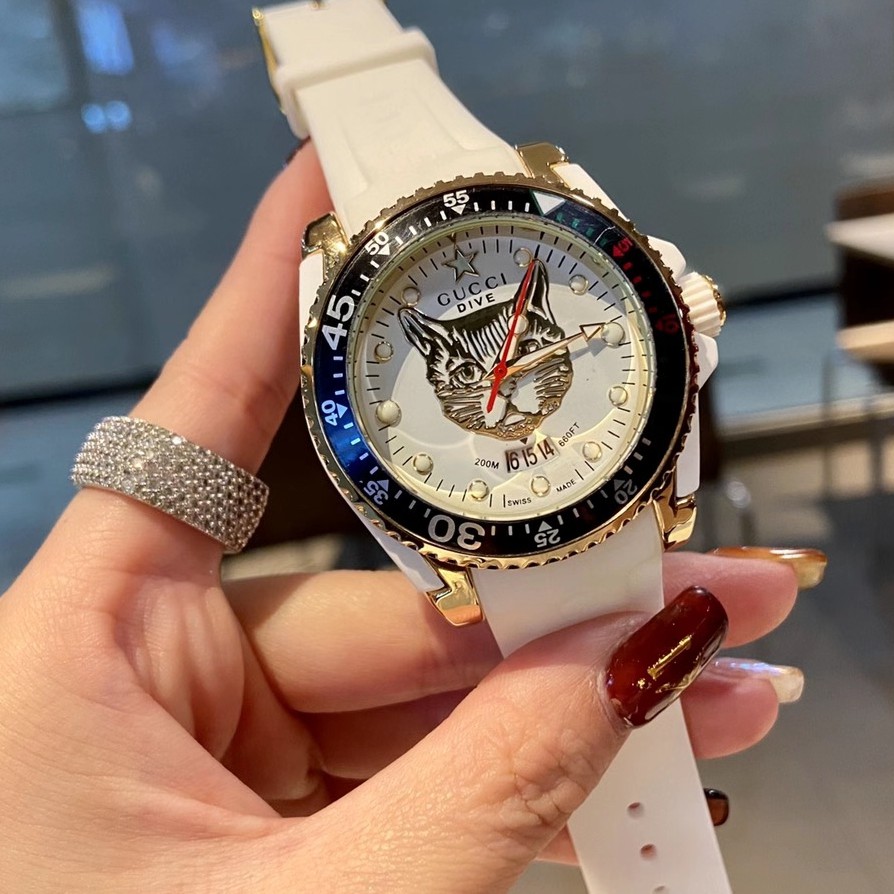 Th Gucci 古馳手錶dive潛水錶系列水鬼貓科動物瑞士石英錶真皮女士腕錶女錶精品手錶專櫃同步 蝦皮購物