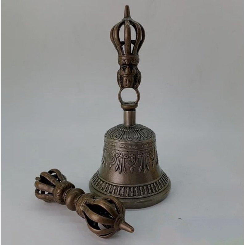 未使用品 チベット密教法具 ガンター 金剛鈴 五智如来 五鈷杵セット M