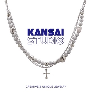 KANSAI新款反光珍珠十字架雙層疊戴項鍊輕奢小眾設計感高級酷飾品