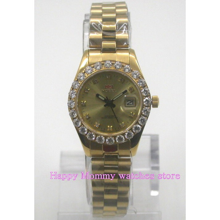 【 幸福媽咪 】網路購物、門市服務 NOBEL 諾貝爾錶 水晶鏡面 石英女錶_金色6201