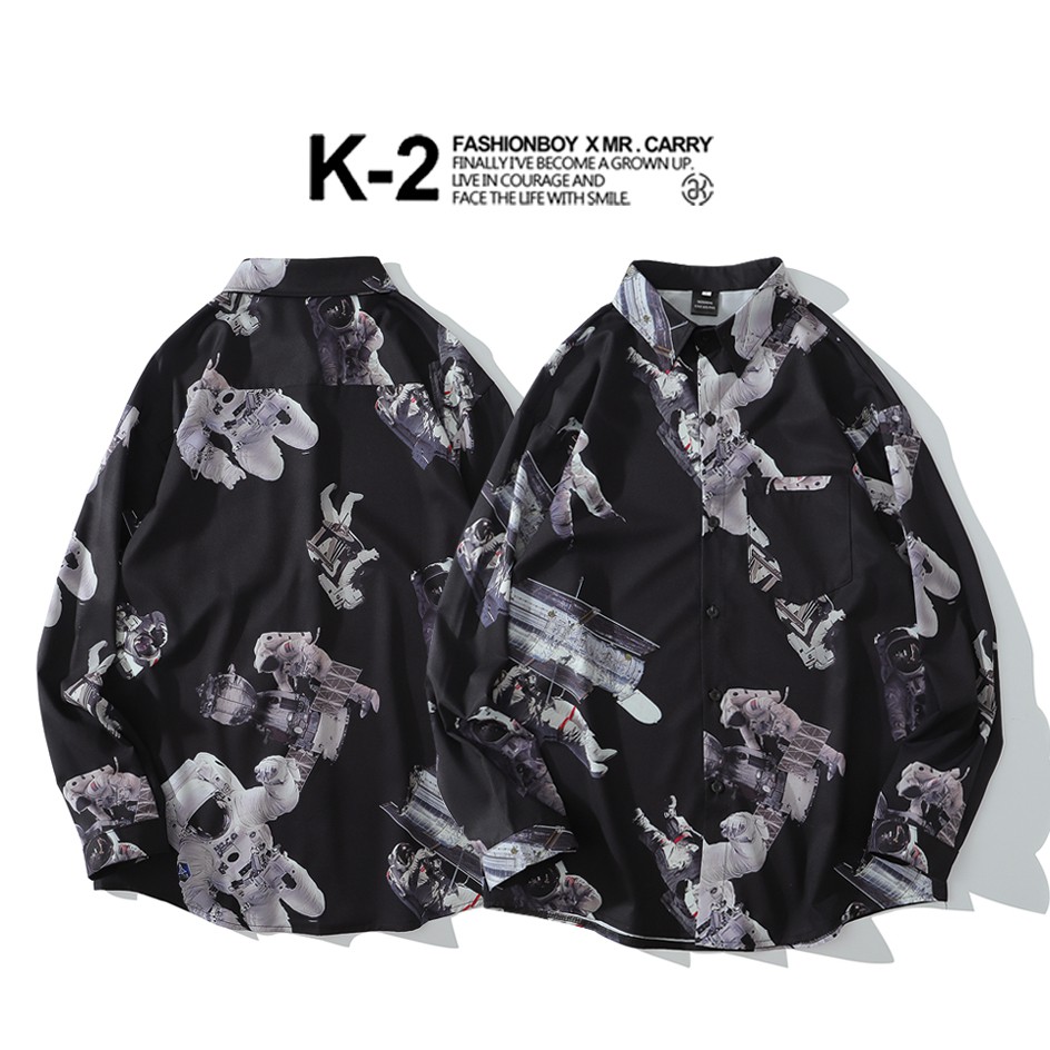 【K-2】滿版 太空人 NASA 維修衛星 宇宙 暗黑 TRAP 穿搭 寬鬆 花襯衫 長袖襯衫 男女不拘