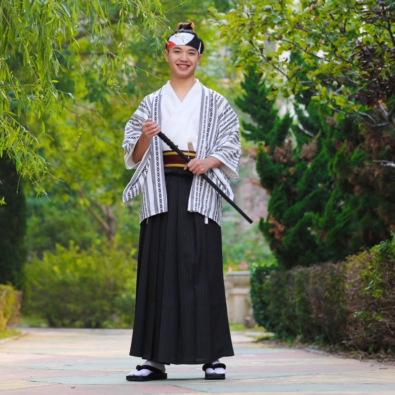 日本和服男日式和風黑白條套裝傳統正規武士婚禮和服羽織袴全套 蝦皮購物