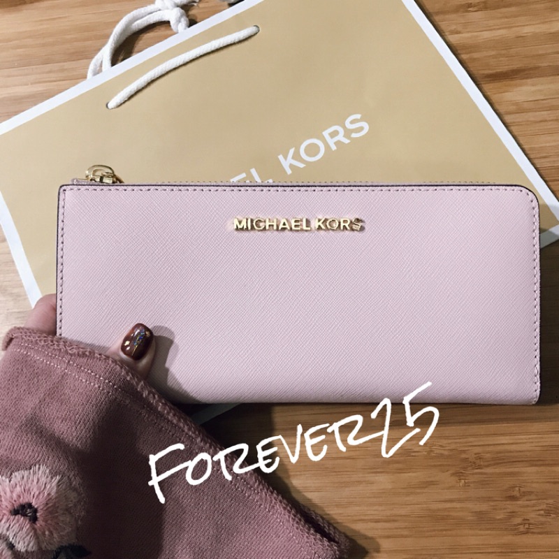 【全新正品】美國專櫃 MICHAEL KORS MK 防刮皮革 L型長夾 皮夾 櫻花粉紅色 金色LOGO 經典款