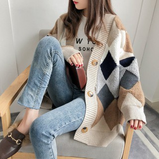 【Joybuy】韓系新款熱銷款針織毛衣外套寬鬆慵懶風 毛衣外套女秋冬韓版百搭復古港味格紋針織開衫上衣 臺灣出貨