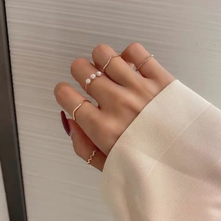 初見家💕氣質珍珠戒指5件套 時尚簡約戒指套裝 百搭食指戒氣質指環女