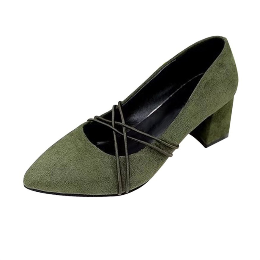 春秋季新款尖頭粗跟高跟鞋女套腳百搭韓版休閒鞋綠色36（圖案隨機）